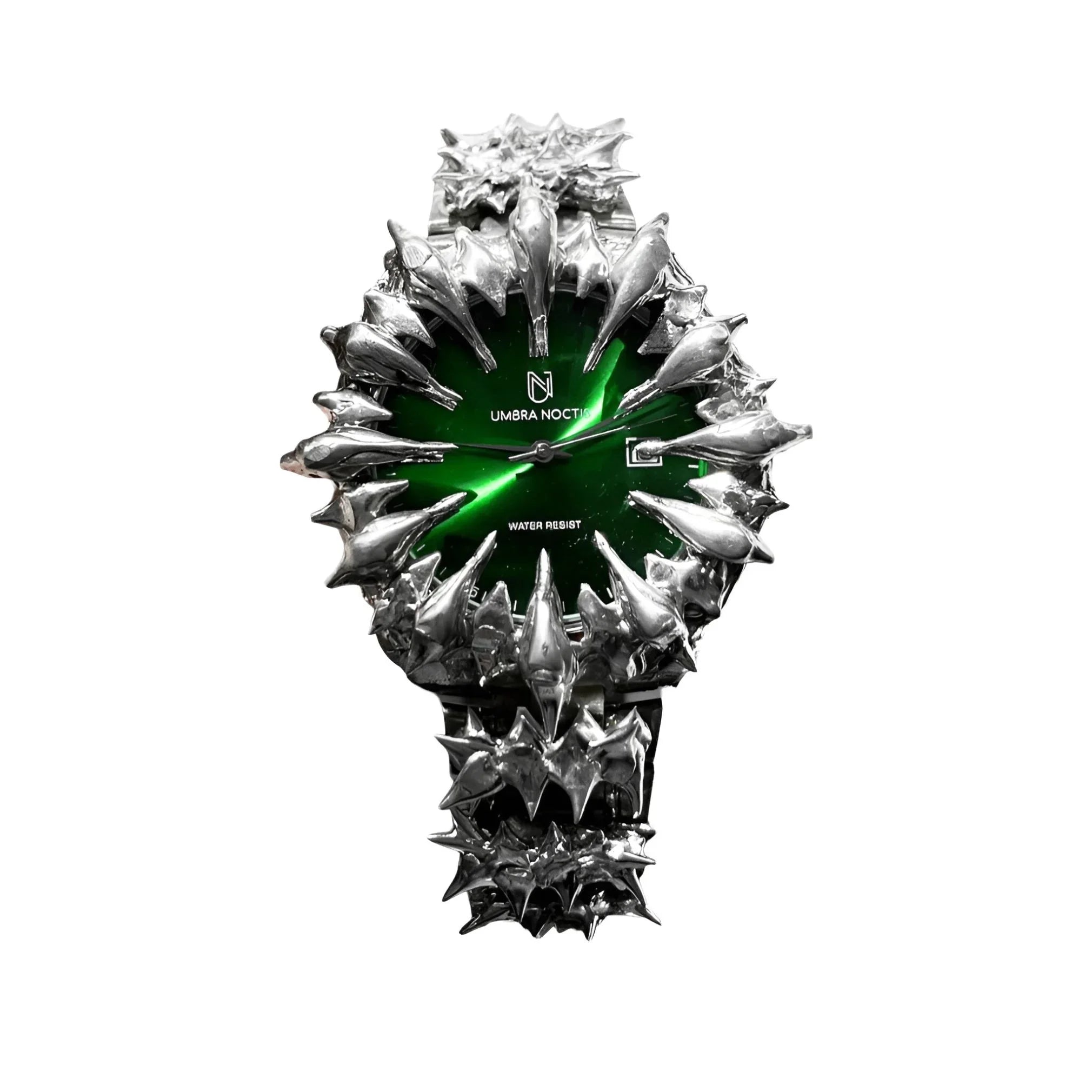 Emerald Fang gothic watch by Umbra Noctis – Green stainless steel timepiece with sapphire glass