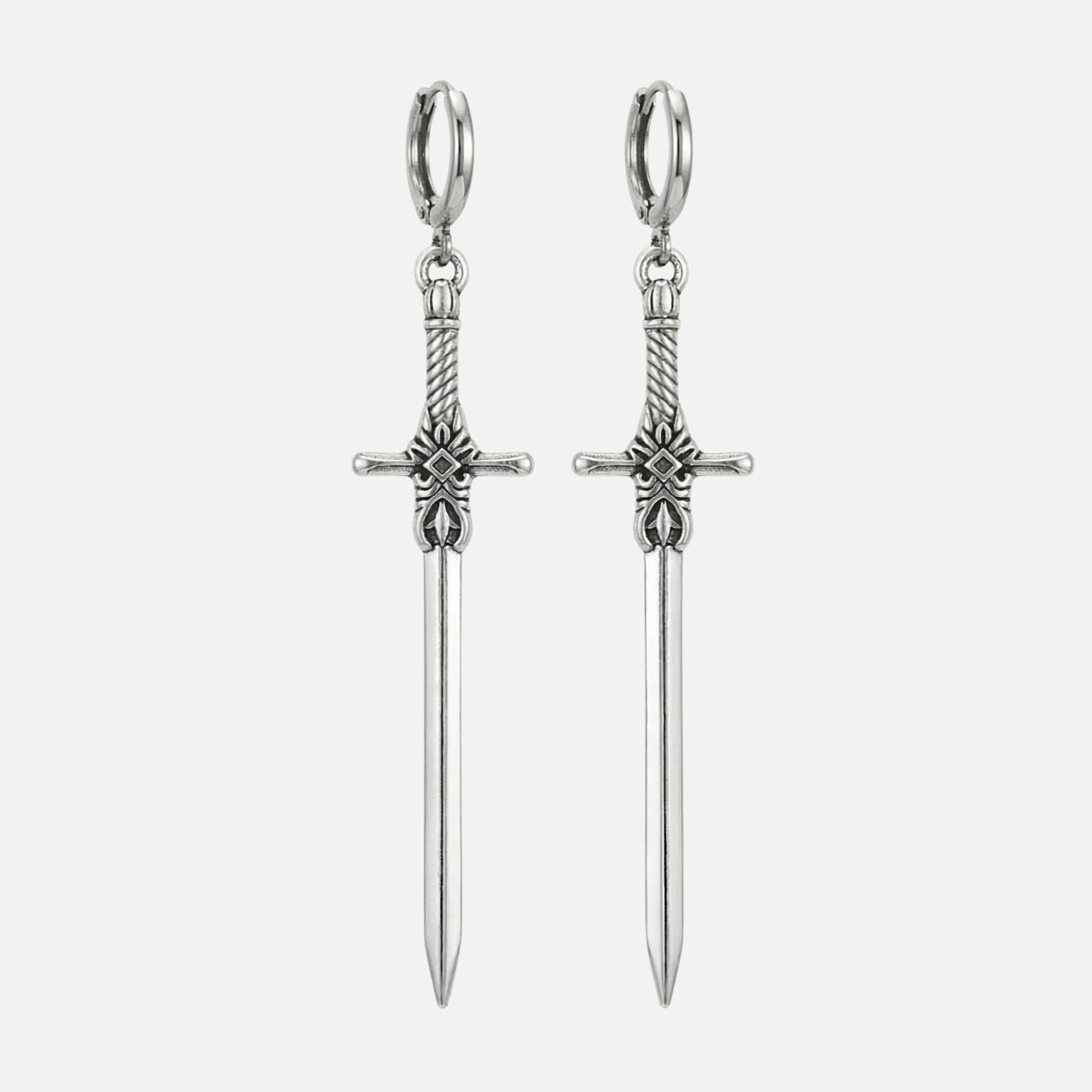 gothic sword drop earrings with braided hilt detail, geometric guard design, and huggie hoop closure in polished stainless steel