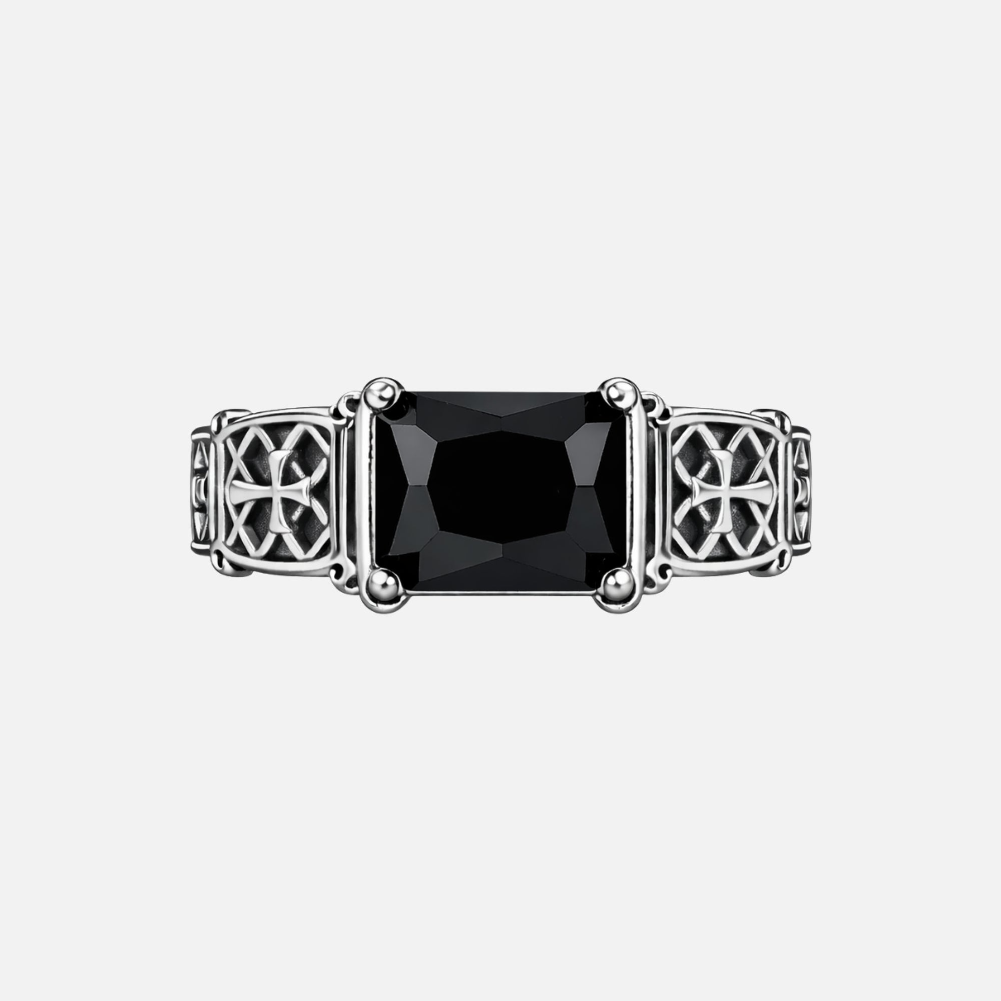 Obsidian gothic ring with black emerald-cut zirconia stone, four-prong setting, and Celtic cross band details in polished stainless steel