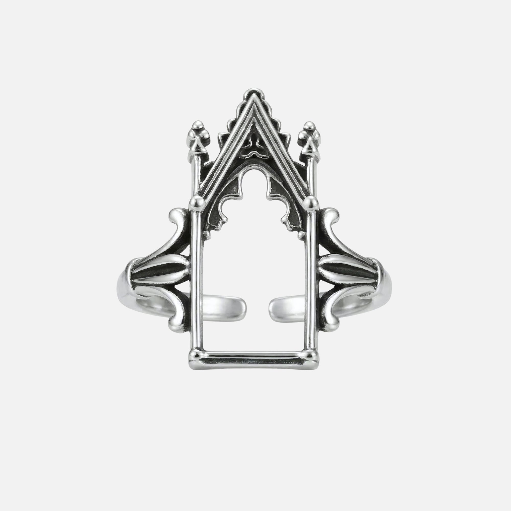 Sanctum gothic cathedral ring in polished silver-tone stainless steel with pointed arch design and ornate spire details