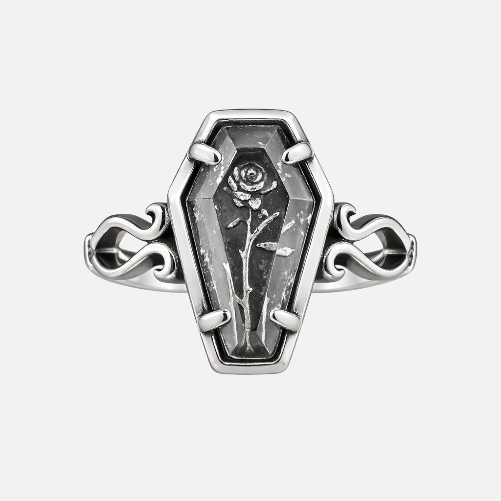 Resting Rose gothic coffin ring featuring engraved rose design in oxidized setting with scrollwork band details in stainless steel
