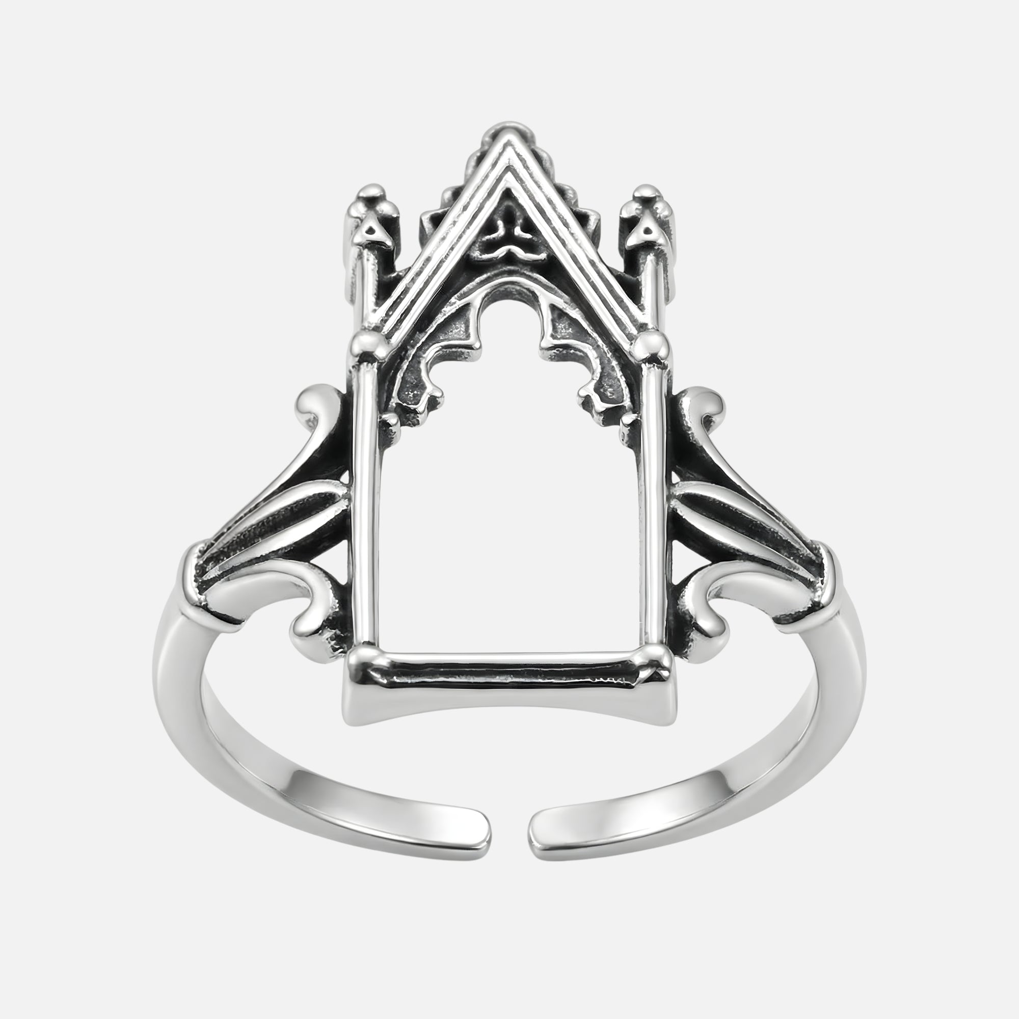 Sanctum gothic cathedral ring in polished silver-tone stainless steel with pointed arch design and ornate spire details